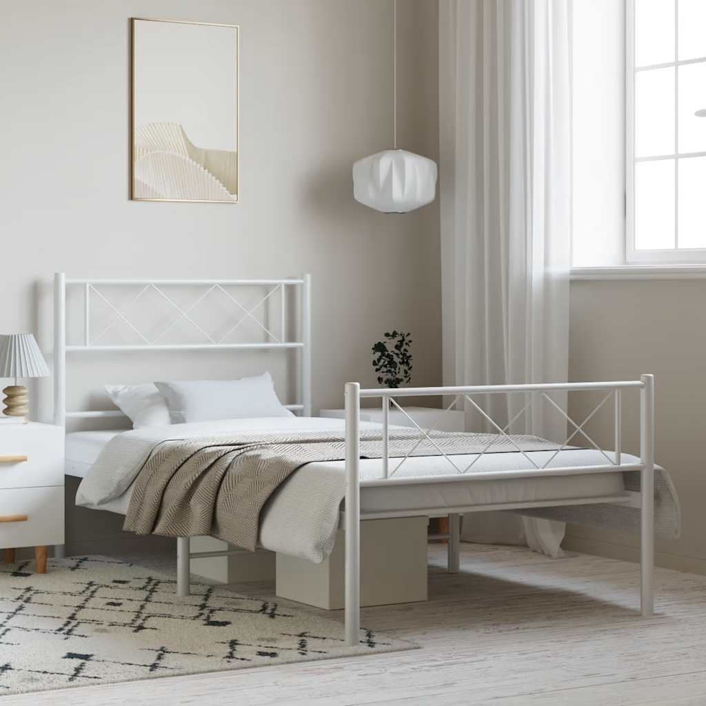 White Metal Bed Frame with Footboard, 100x190cm - No Mattress Included