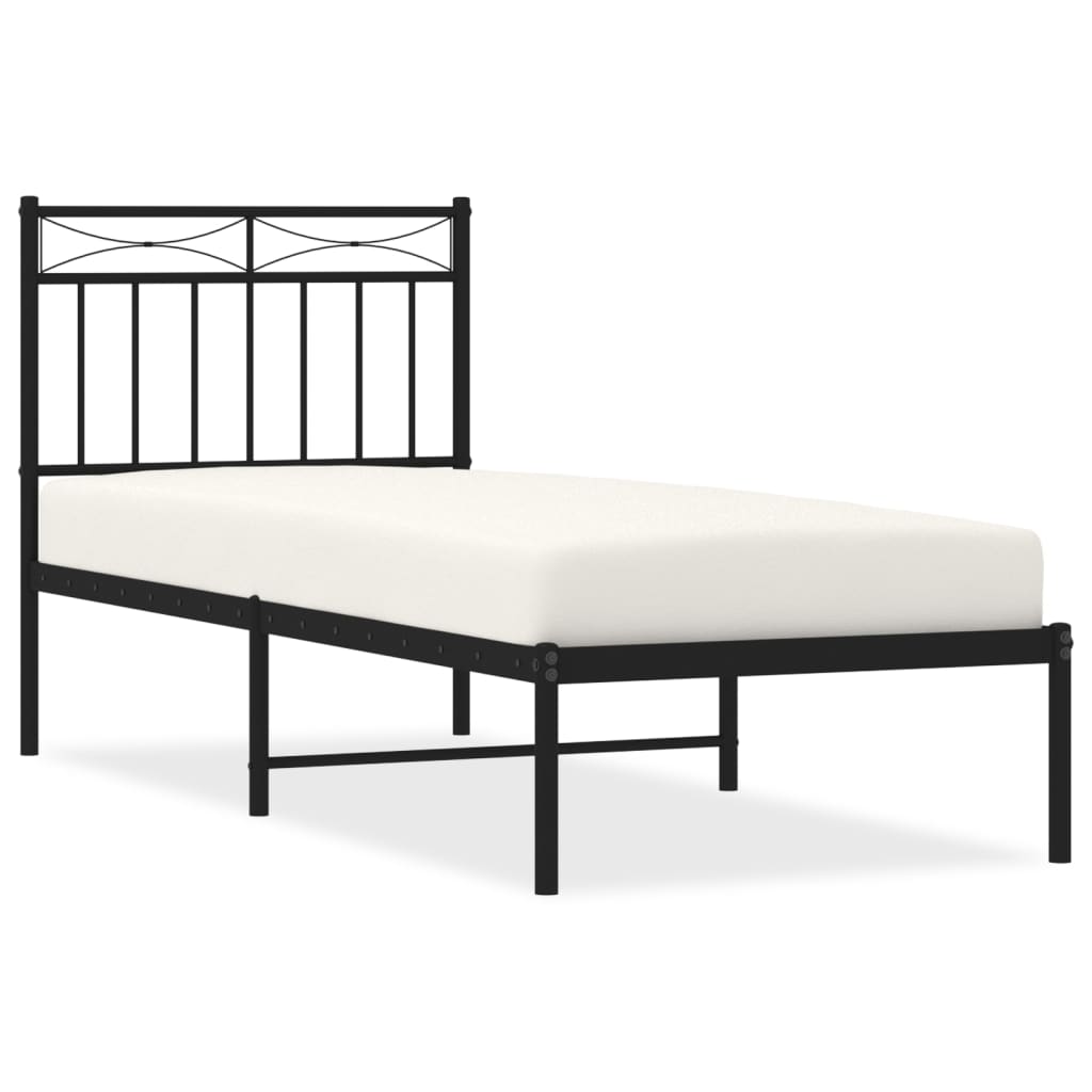 Black Metal Bed Frame with Headboard - 75x190cm, No Mattress