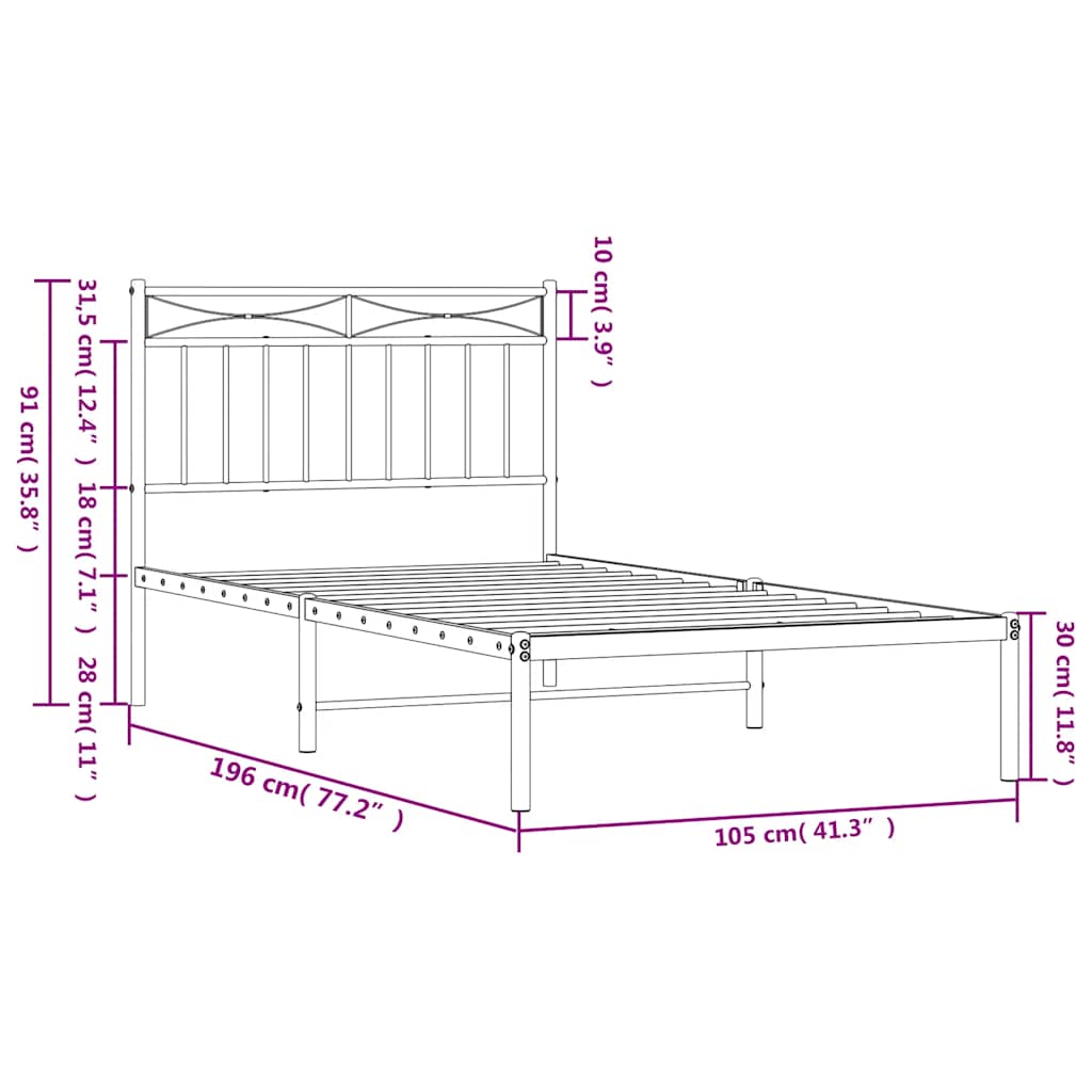 Sleek Black Metal Bed Frame with Headboard 100x190cm - No Mattress