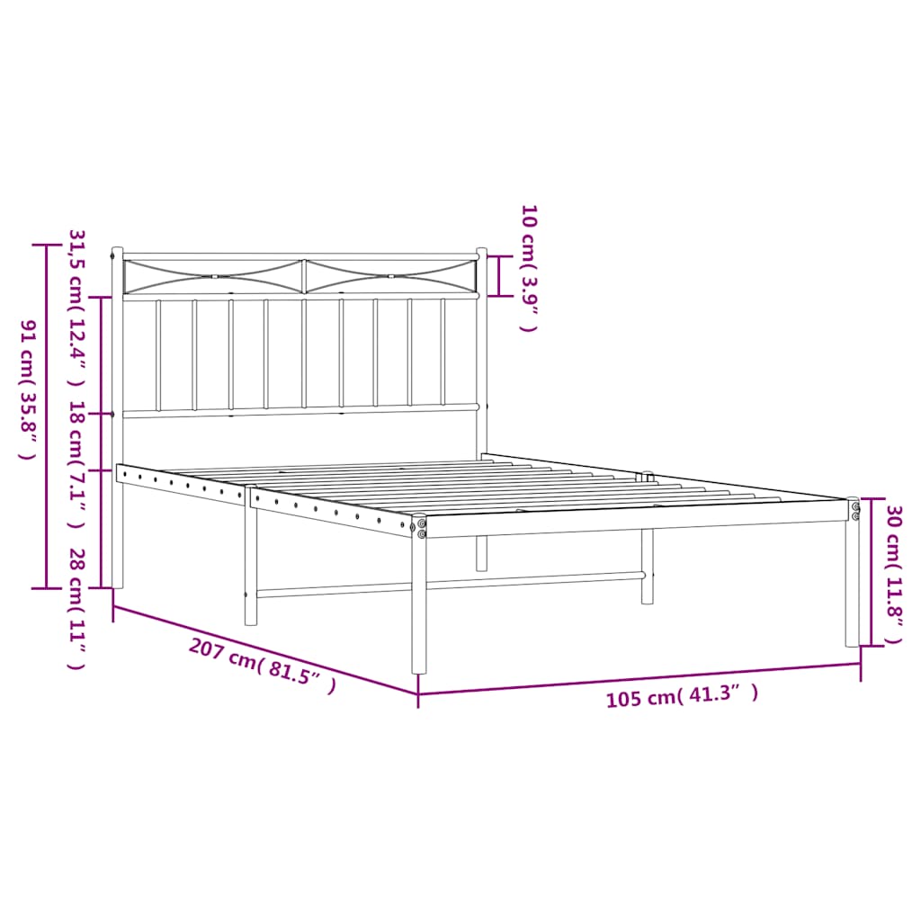 Sleek Black Metal Bed Frame with Headboard 100x200cm