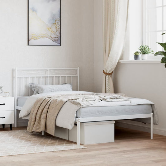 White Metal Bed Frame with Headboard, 107x203cm, No Mattress Included