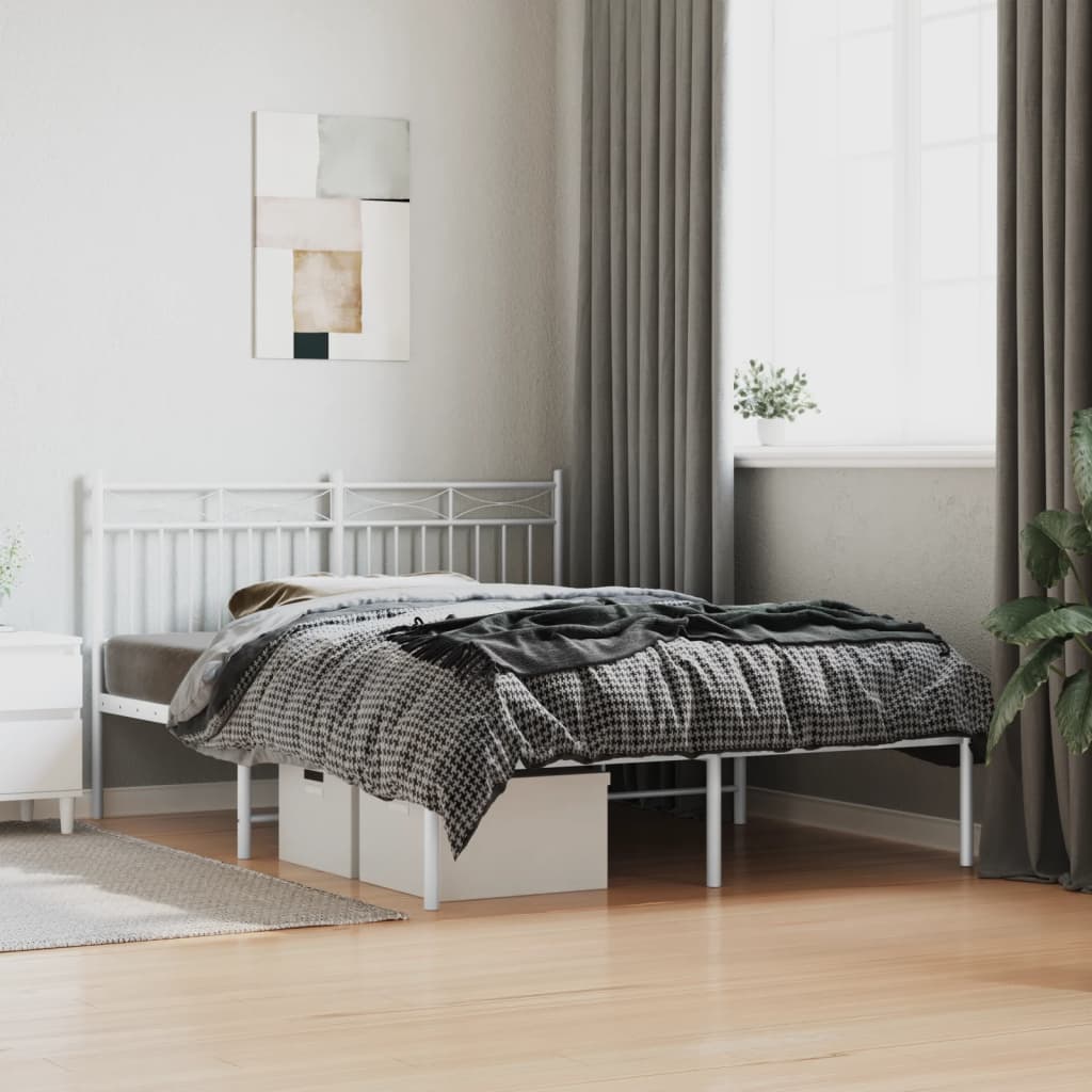 White Metal Bed Frame with Headboard, 140x200cm - No Mattress Included
