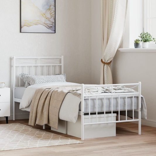 White Metal Bed Frame with Footboard 75x190cm - No Mattress Included