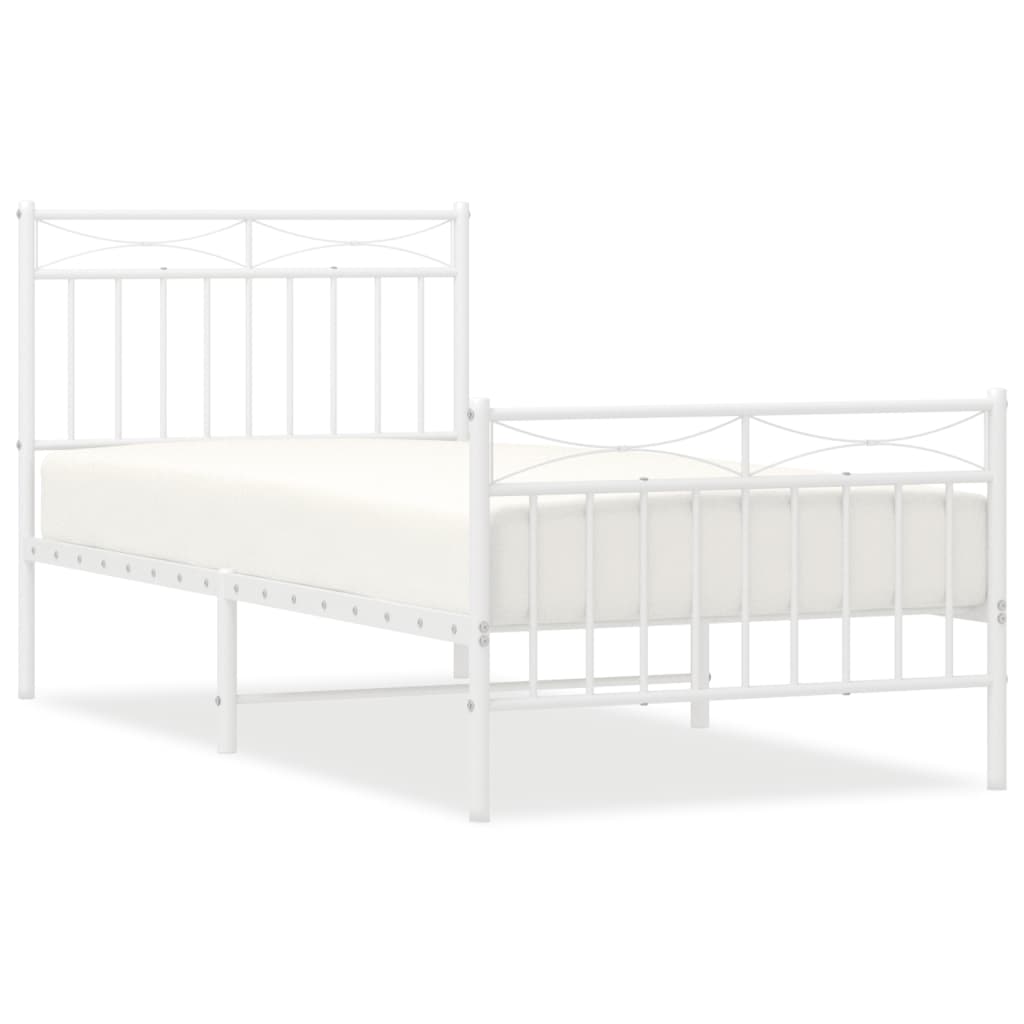 White Metal Bed Frame with Footboard, 90x190cm - No Mattress Included