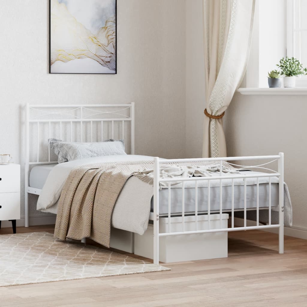 White Metal Bed Frame with Footboard, 90x190cm - No Mattress Included