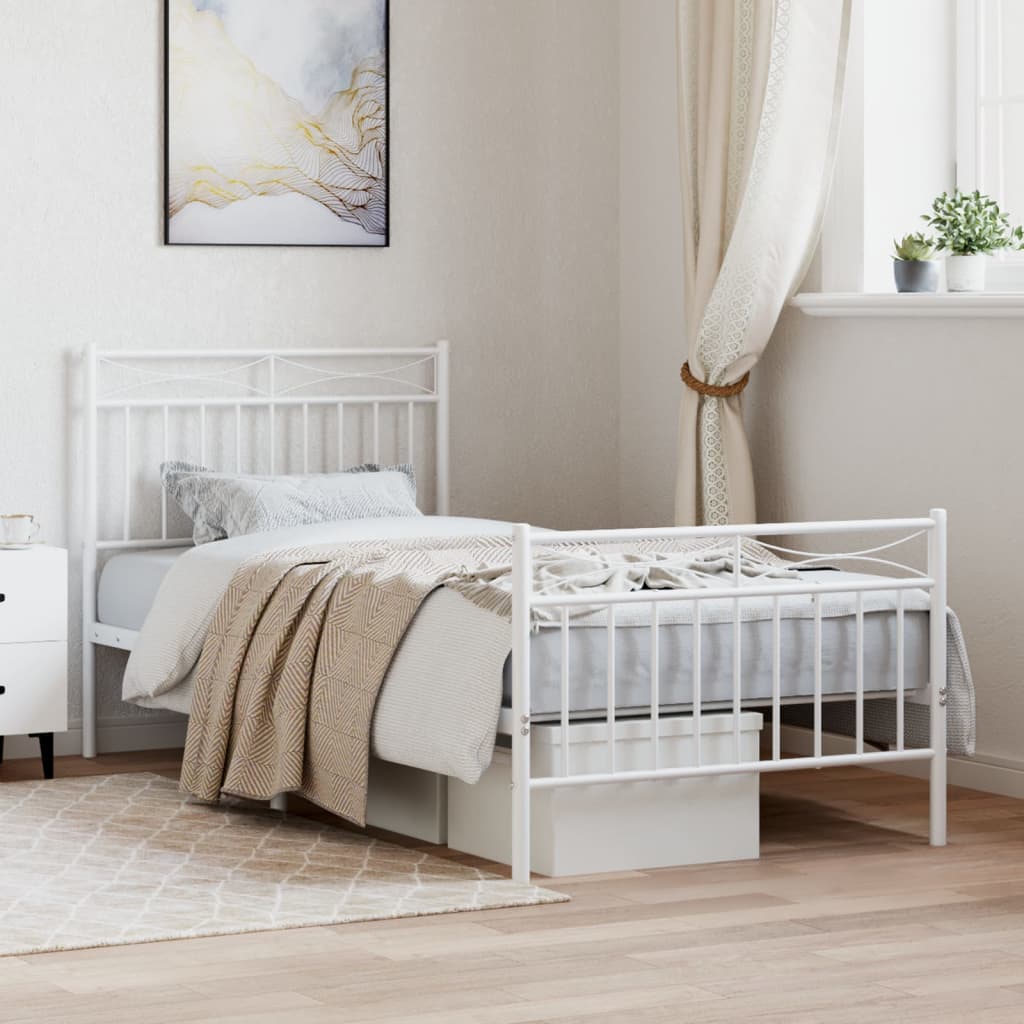 White Metal Bed Frame with Footboard, 90x200cm, No Mattress Included