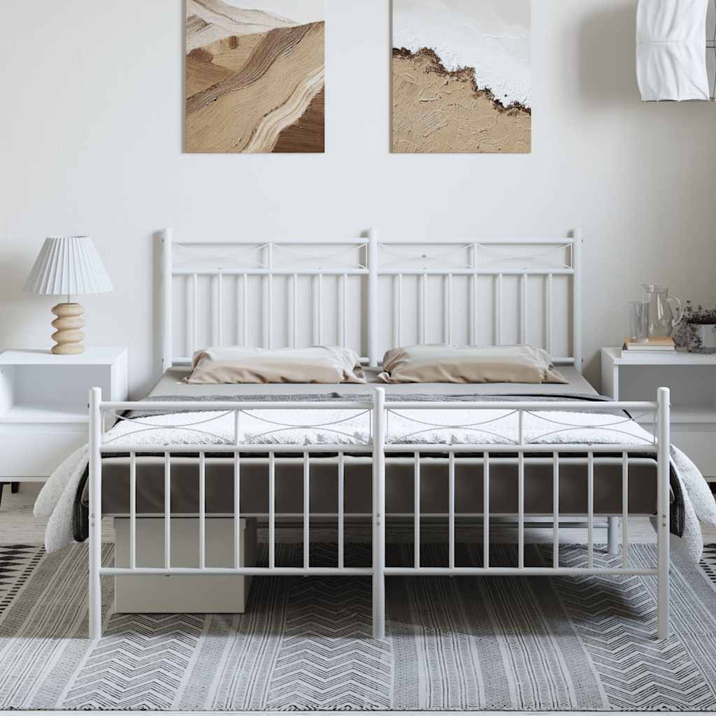 White Metal Bed Frame with Footboard - 135x190cm Elegant Design