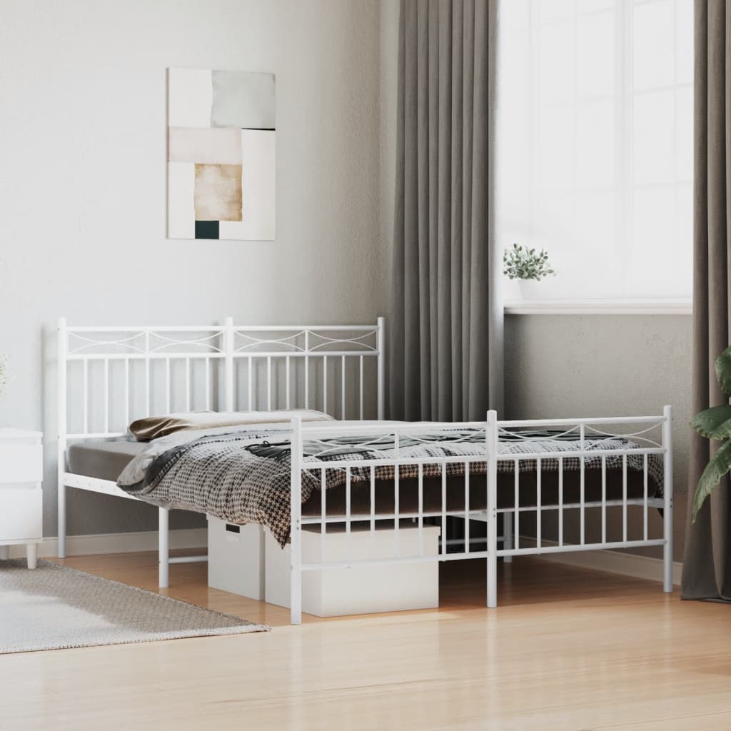 White Metal Bed Frame with Footboard, 140x190cm - No Mattress Included