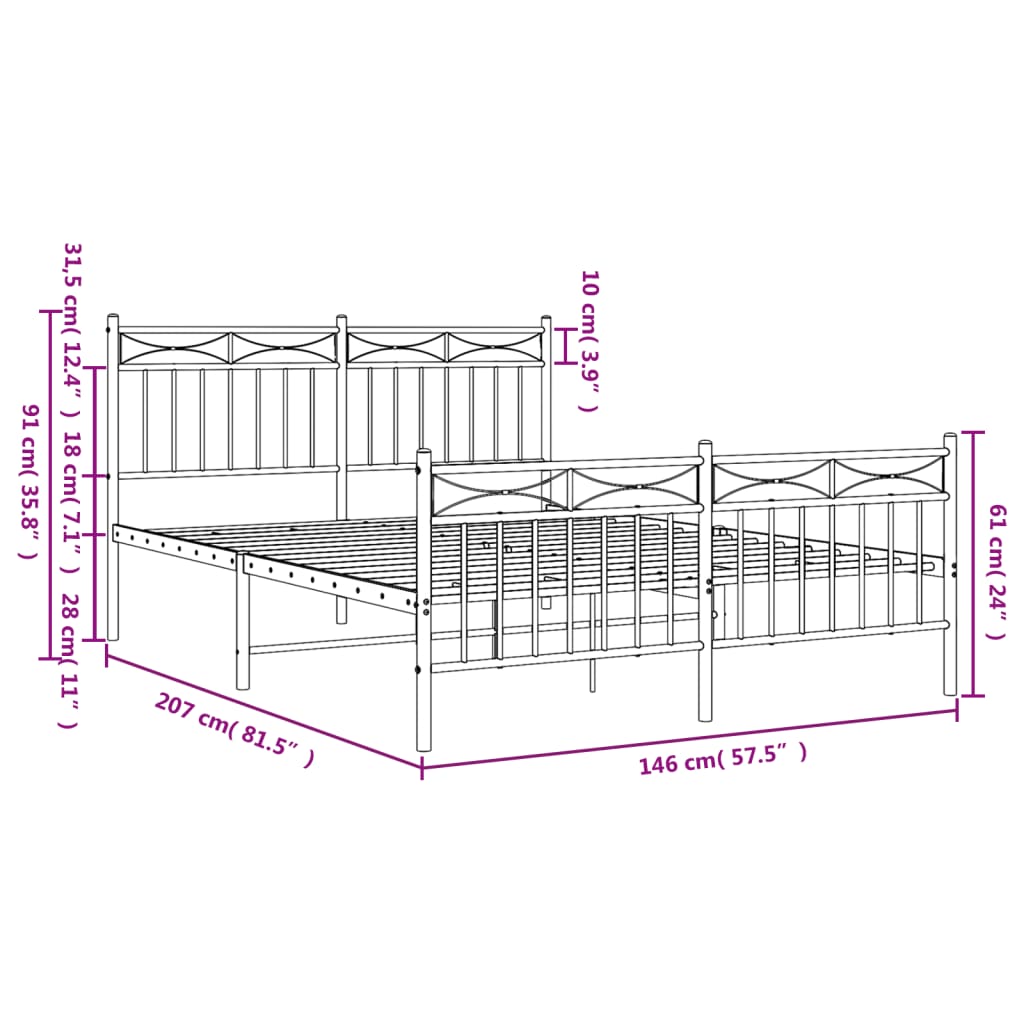 Metal Bed Frame without Mattress with Footboard White 140x200cm