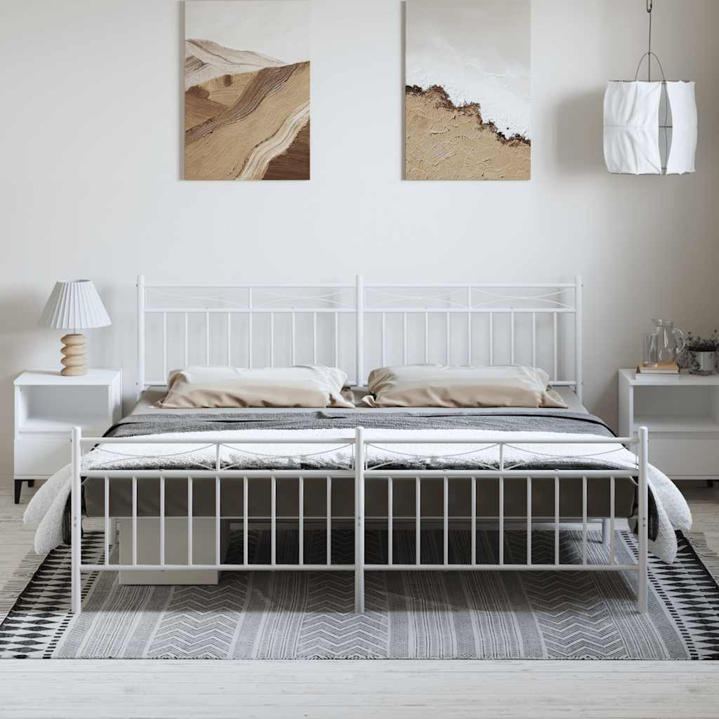 White Metal Bed Frame with Footboard - 193x203cm, No Mattress
