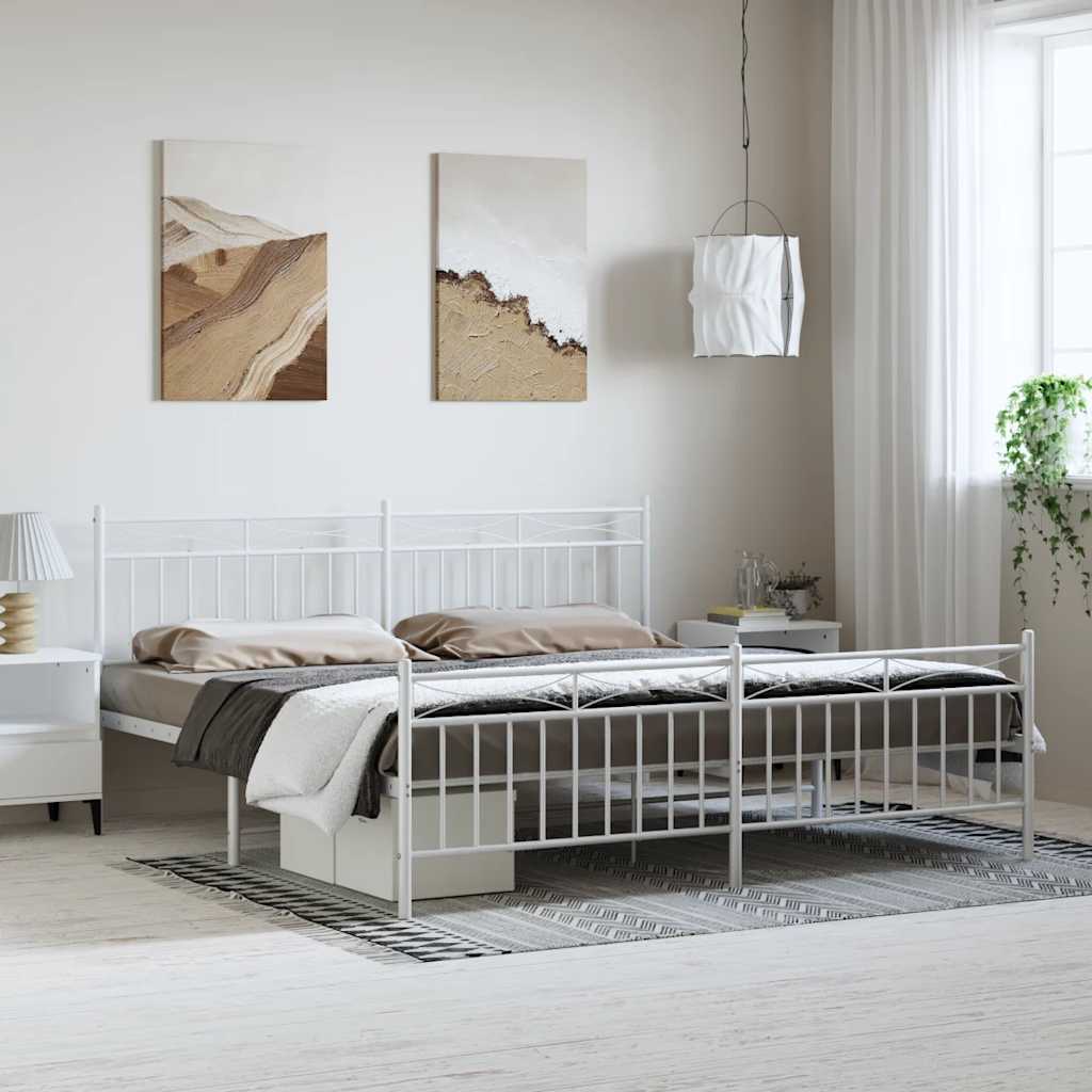 White Metal Bed Frame with Footboard - 193x203cm, No Mattress