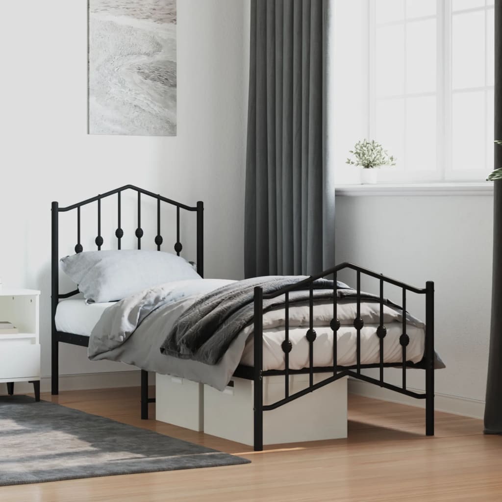 Black Metal Bed Frame with Footboard - 75x190cm, No Mattress Included