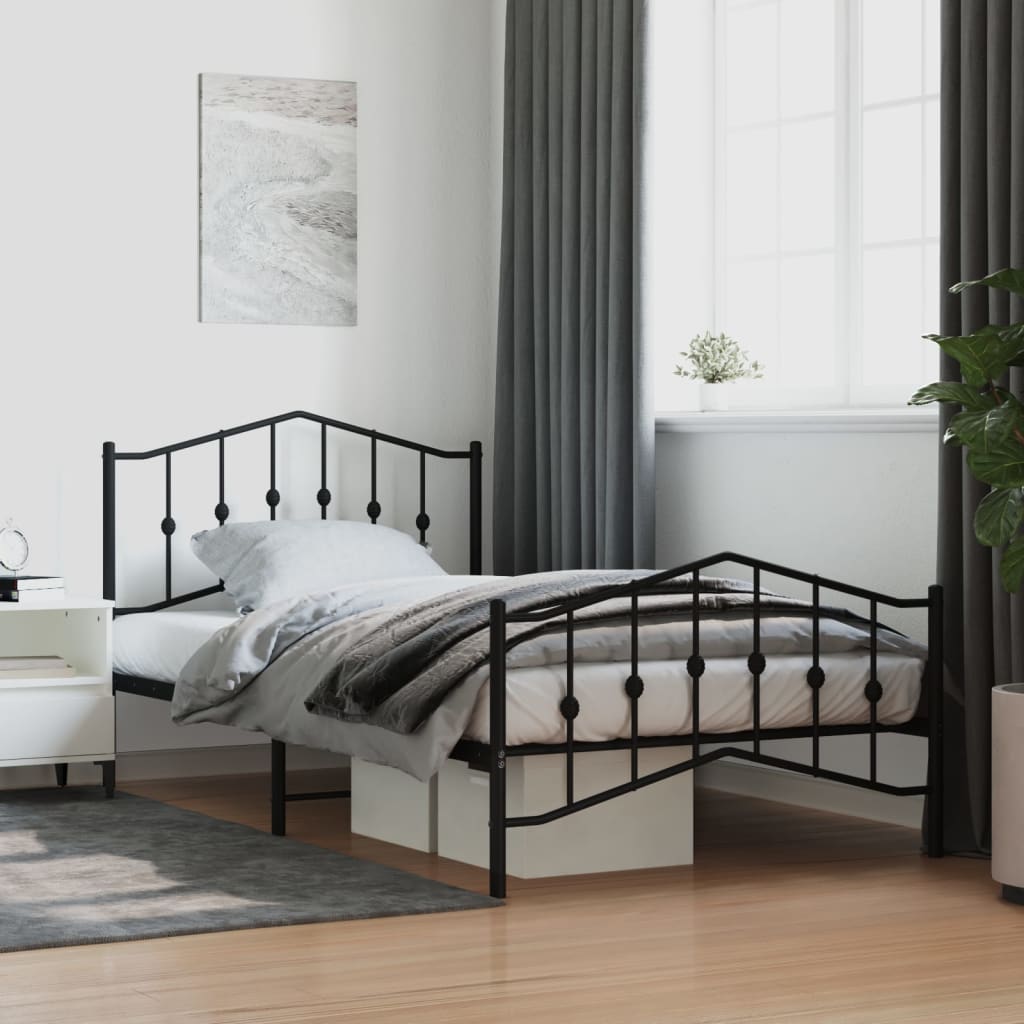 Black Metal Bed Frame with Footboard - 107x203cm, No Mattress