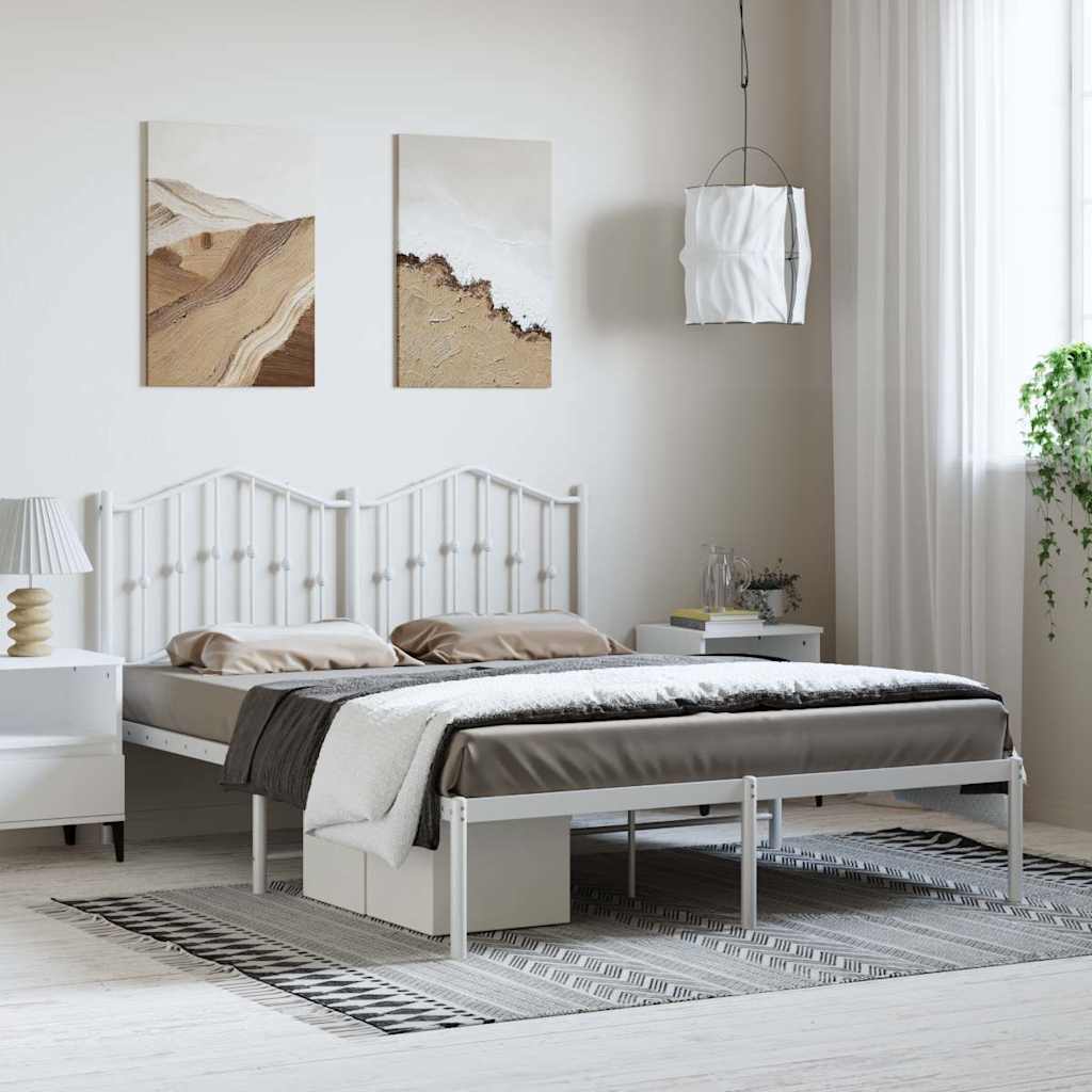 White Metal Bed Frame with Headboard - 135x190cm, No Mattress