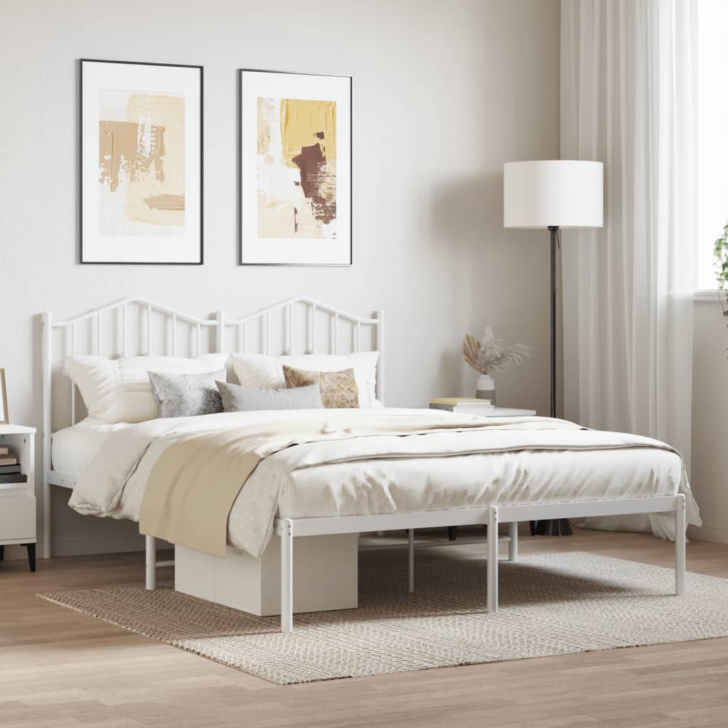 White Metal Bed Frame with Headboard - 140x190cm, No Mattress
