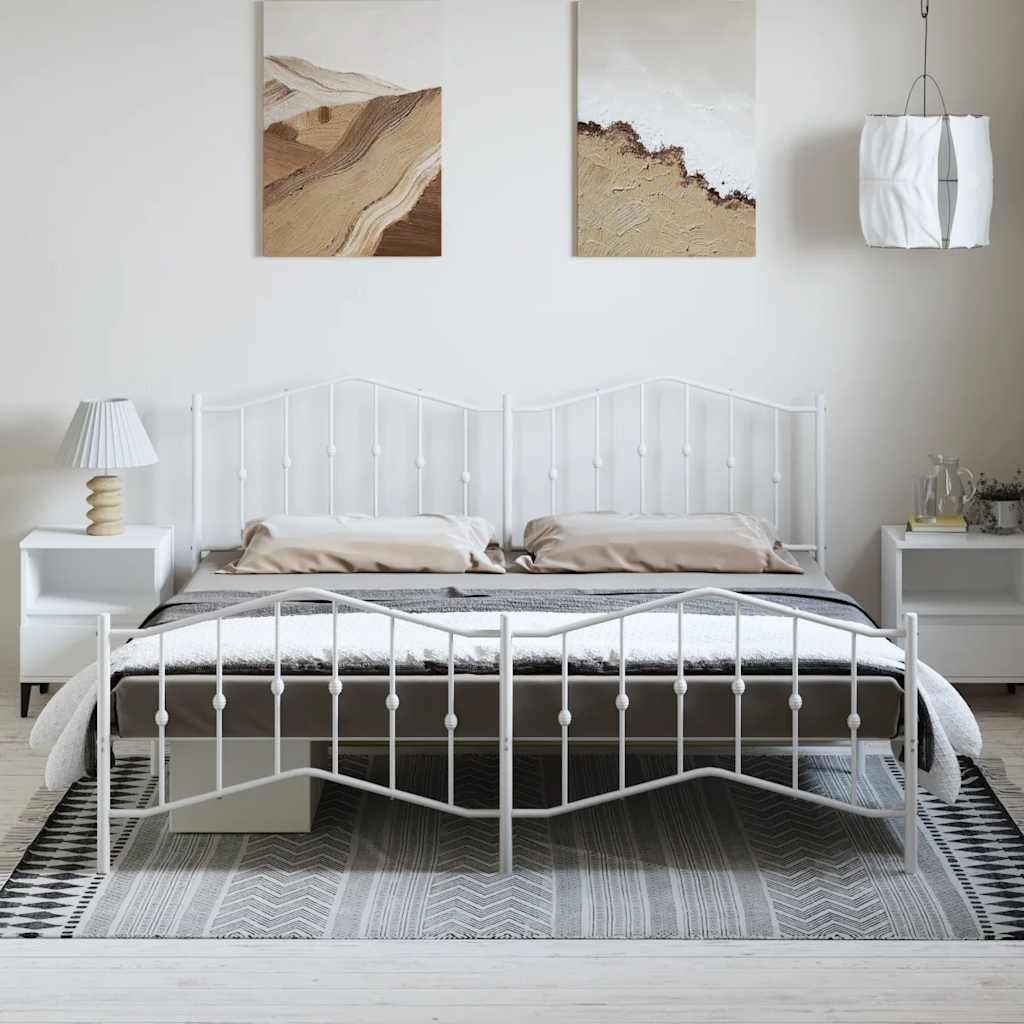 White Metal Bed Frame with Footboard - 193x203cm Sturdy Design