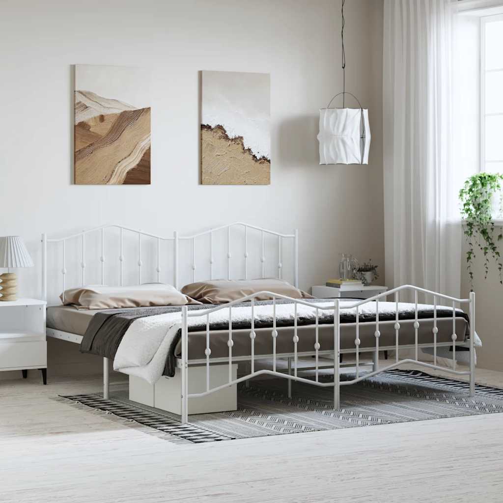 White Metal Bed Frame with Footboard - 193x203cm Sturdy Design