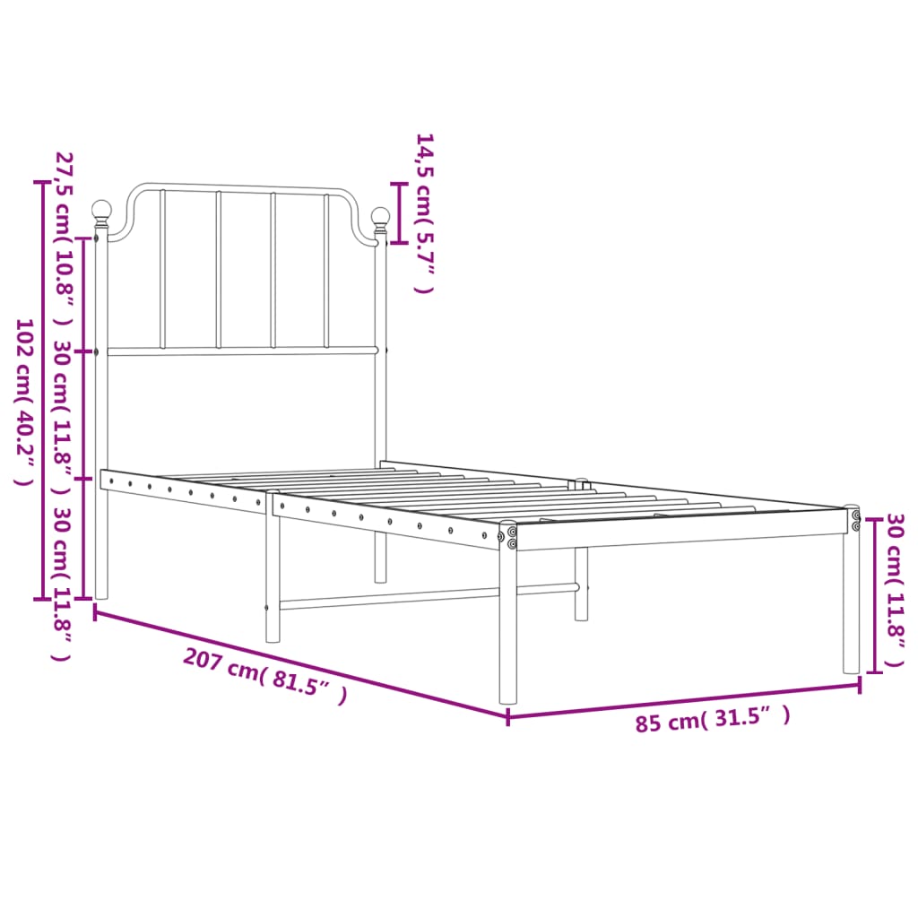 Black Metal Bed Frame with Headboard - 80x200 cm - No Mattress