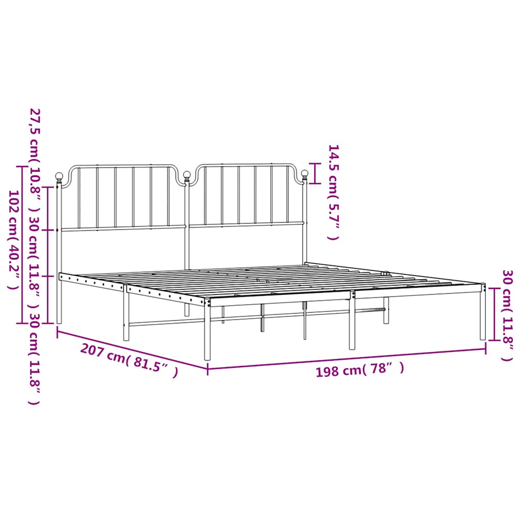 Sleek Black Metal Bed Frame with Headboard, 193x203cm