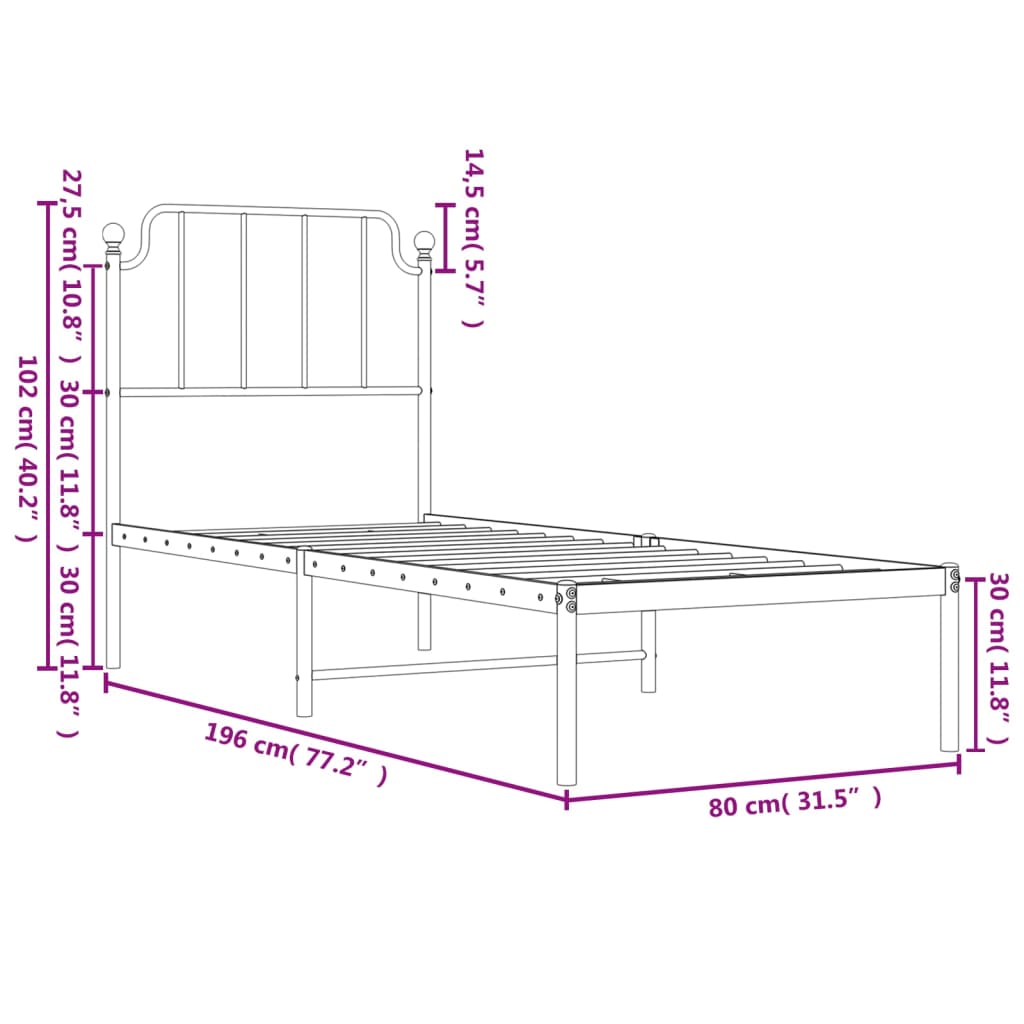 White Metal Bed Frame with Headboard, No Mattress, 75x190cm