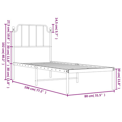 White Metal Bed Frame with Headboard, No Mattress, 75x190cm