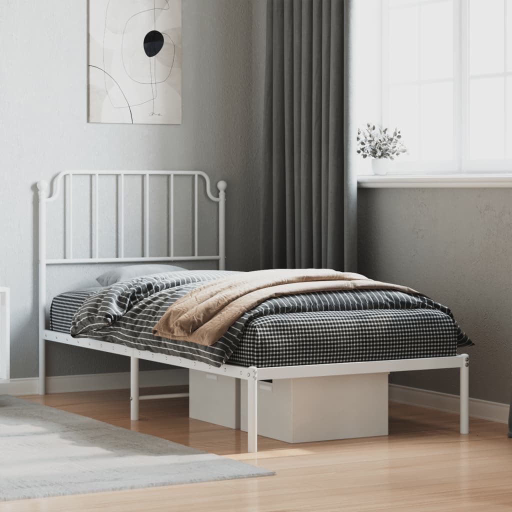 White Metal Bed Frame with Headboard - No Mattress 90x200cm