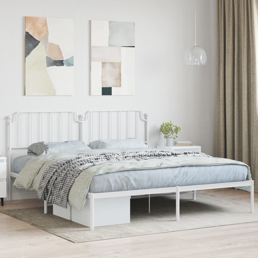 White Metal Bed Frame with Headboard - 160x200cm, No Mattress