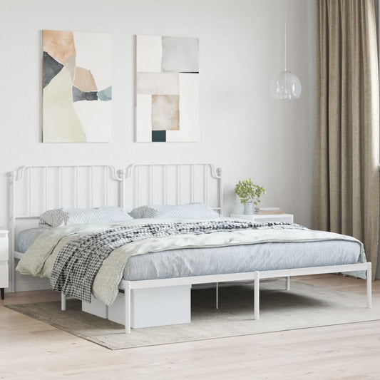 White Metal Bed Frame with Headboard, 200x200cm, No Mattress Included