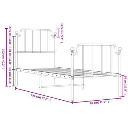 White Metal Bed Frame with Footboard, 75x190cm, No Mattress