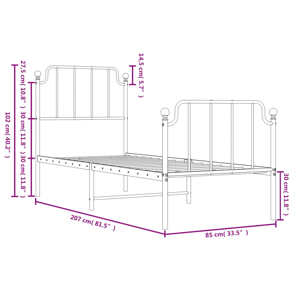 Elegant White Metal Bed Frame with Footboard - 80x200cm