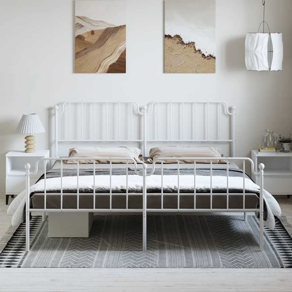 White Metal Bed Frame with Footboard - 183x213cm Sturdy Design