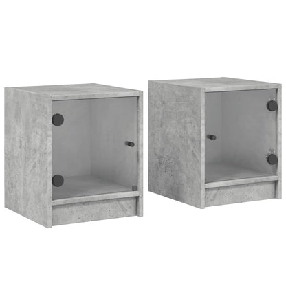 Concrete Grey Bedside Cabinets with Glass Doors - Set of 2, 35x37x42 cm