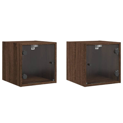 Brown Oak Bedside Cabinets with Glass Doors - Set of 2, 35x37x35 cm