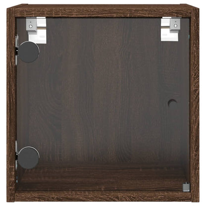Brown Oak Bedside Cabinets with Glass Doors - Set of 2, 35x37x35 cm
