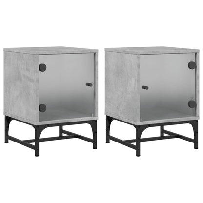 Concrete Grey Bedside Cabinets with Glass Doors, Set of 2 - 35x37x50cm