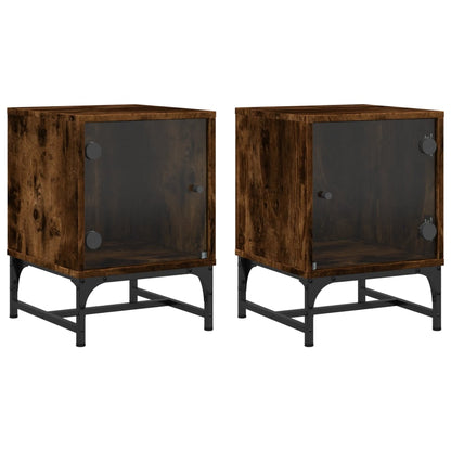 Smoked Oak Bedside Cabinets with Glass Doors, 2 Pcs, 35x37x50 cm