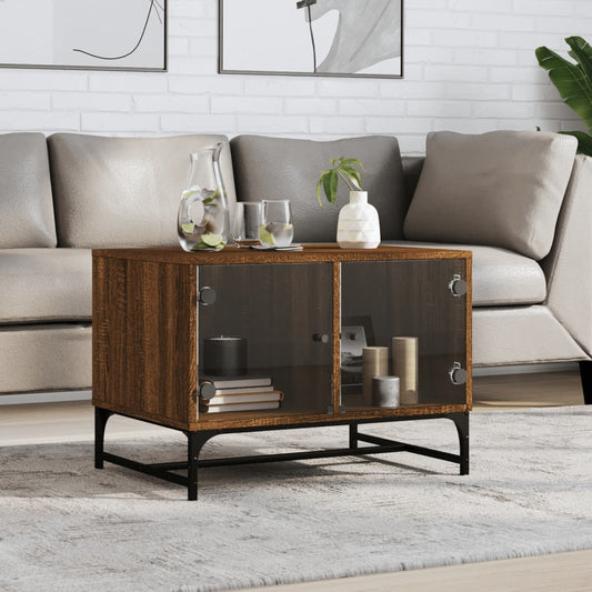 Coffee Table with Glass Doors Brown Oak 68.5x50x50 cm