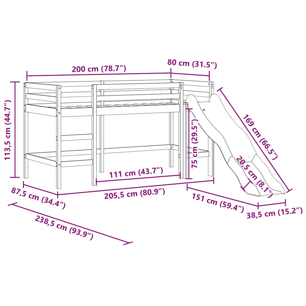Black Kids' Loft Bed with Slide 80x200 cm - No Mattress Included
