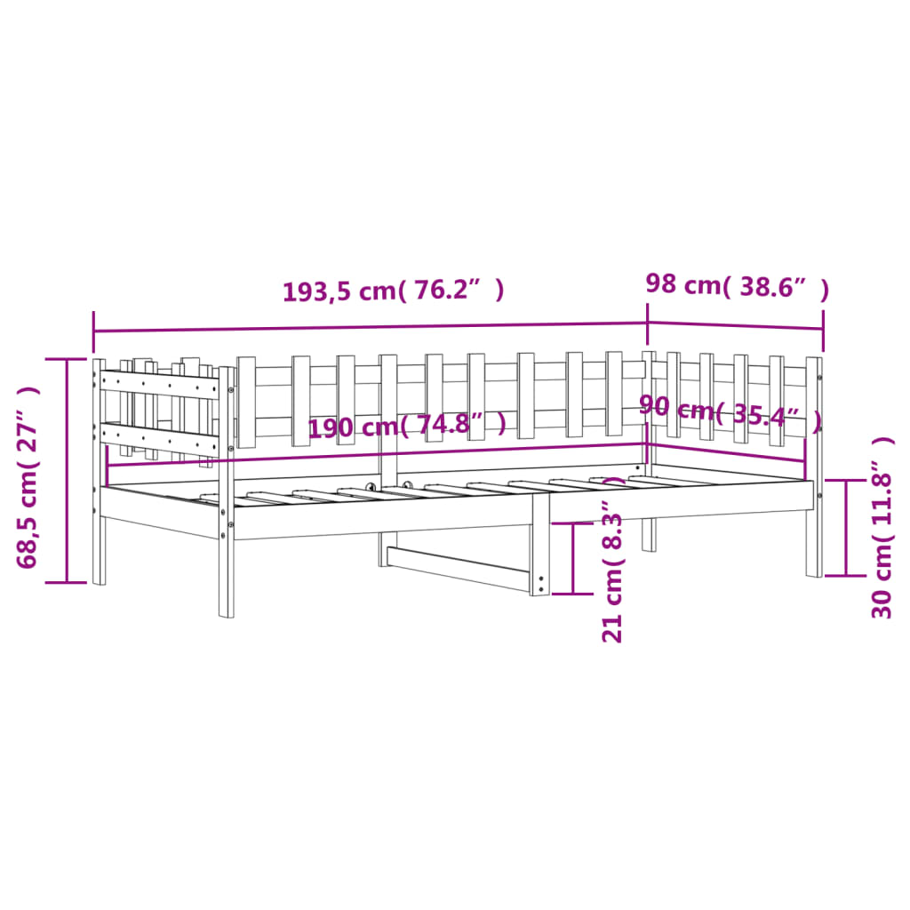 Solid Pine Day Bed Frame, No Mattress, 90x190 cm, Single Size