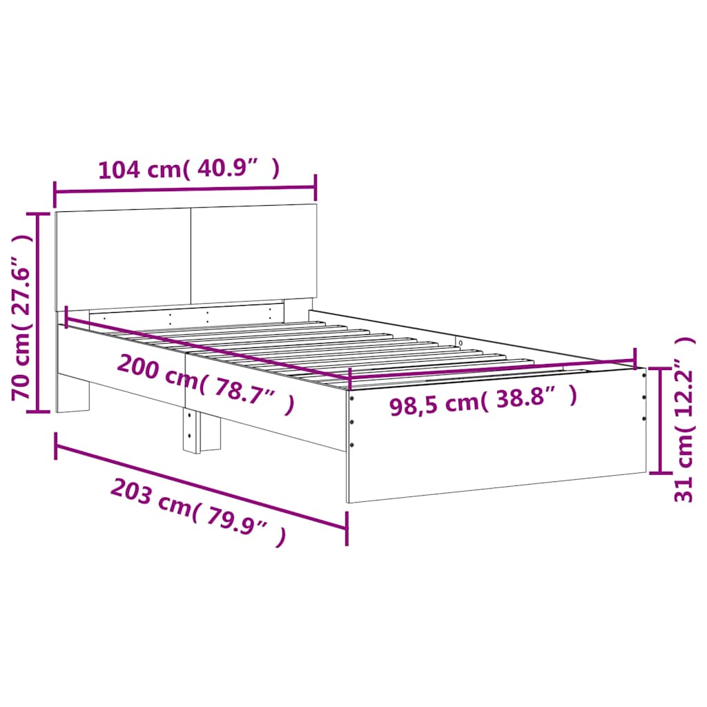 Sonoma Oak Bed Frame with Headboard 100x200 cm - Wooden Finish