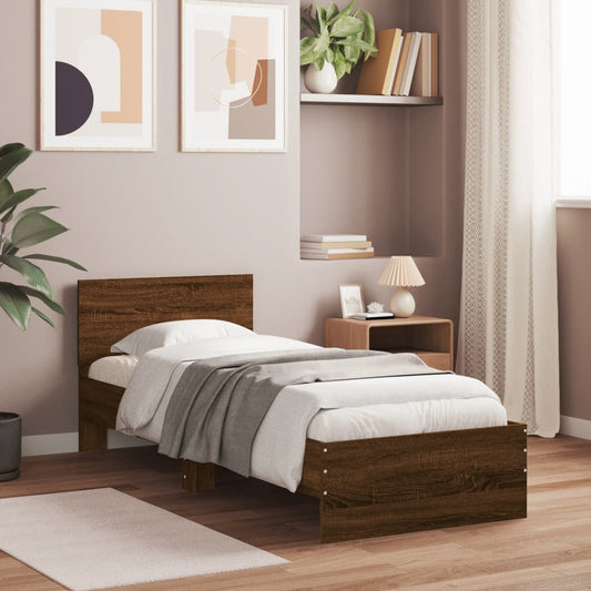 Small Single Bed Frame with Headboard - Brown Oak, 75x190 cm