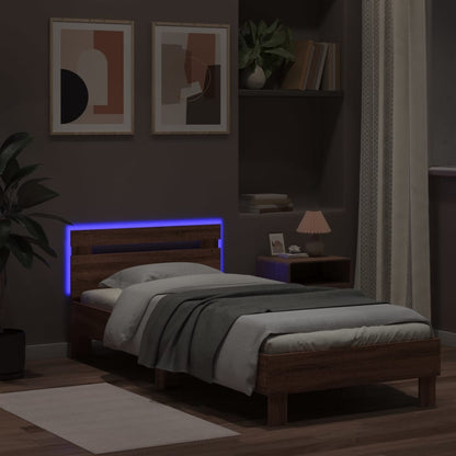 Brown Oak Single Bed Frame 90x190 cm with LED Lights