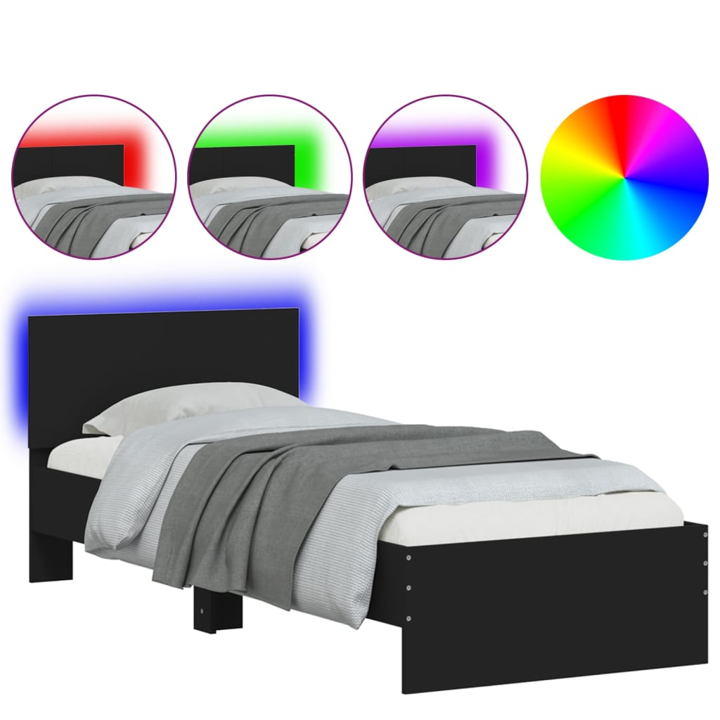 Black Metal Bed Frame w/ LED Lights, 75x190 cm Small Single