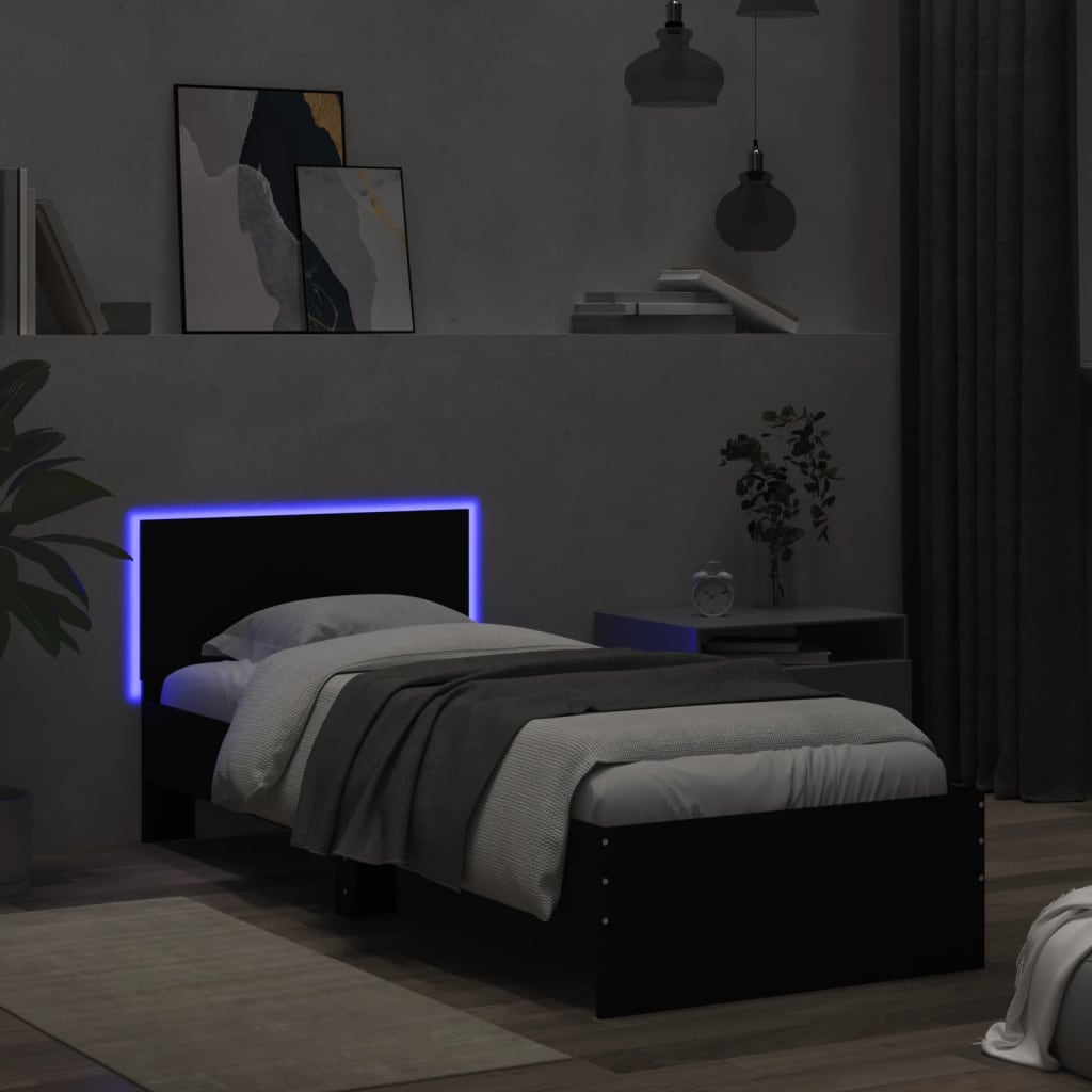 Black Metal Bed Frame w/ LED Lights, 75x190 cm Small Single