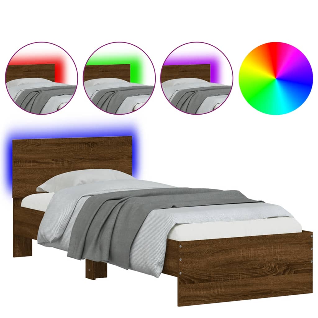 Brown Oak Bed Frame with LED Lights - 75x190 cm Small Single