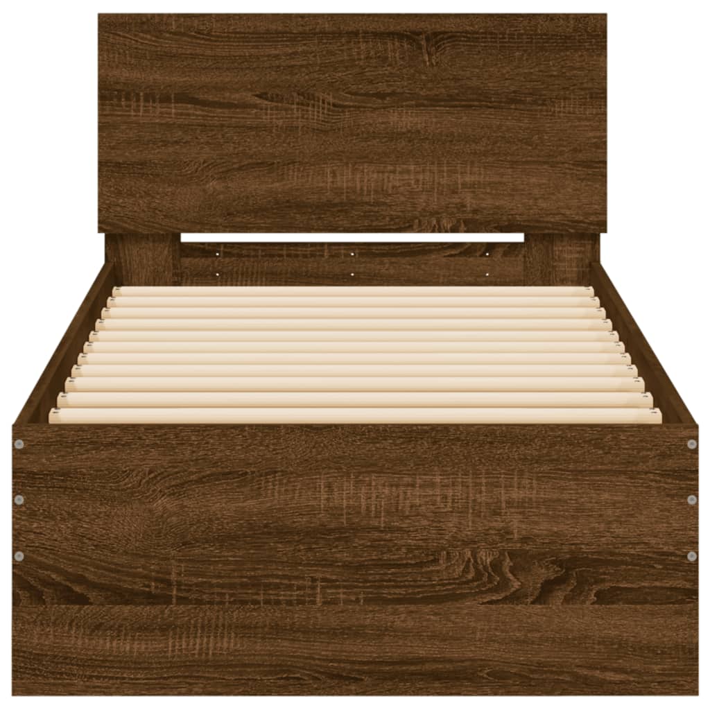 Brown Oak Bed Frame with LED Lights - 75x190 cm Small Single