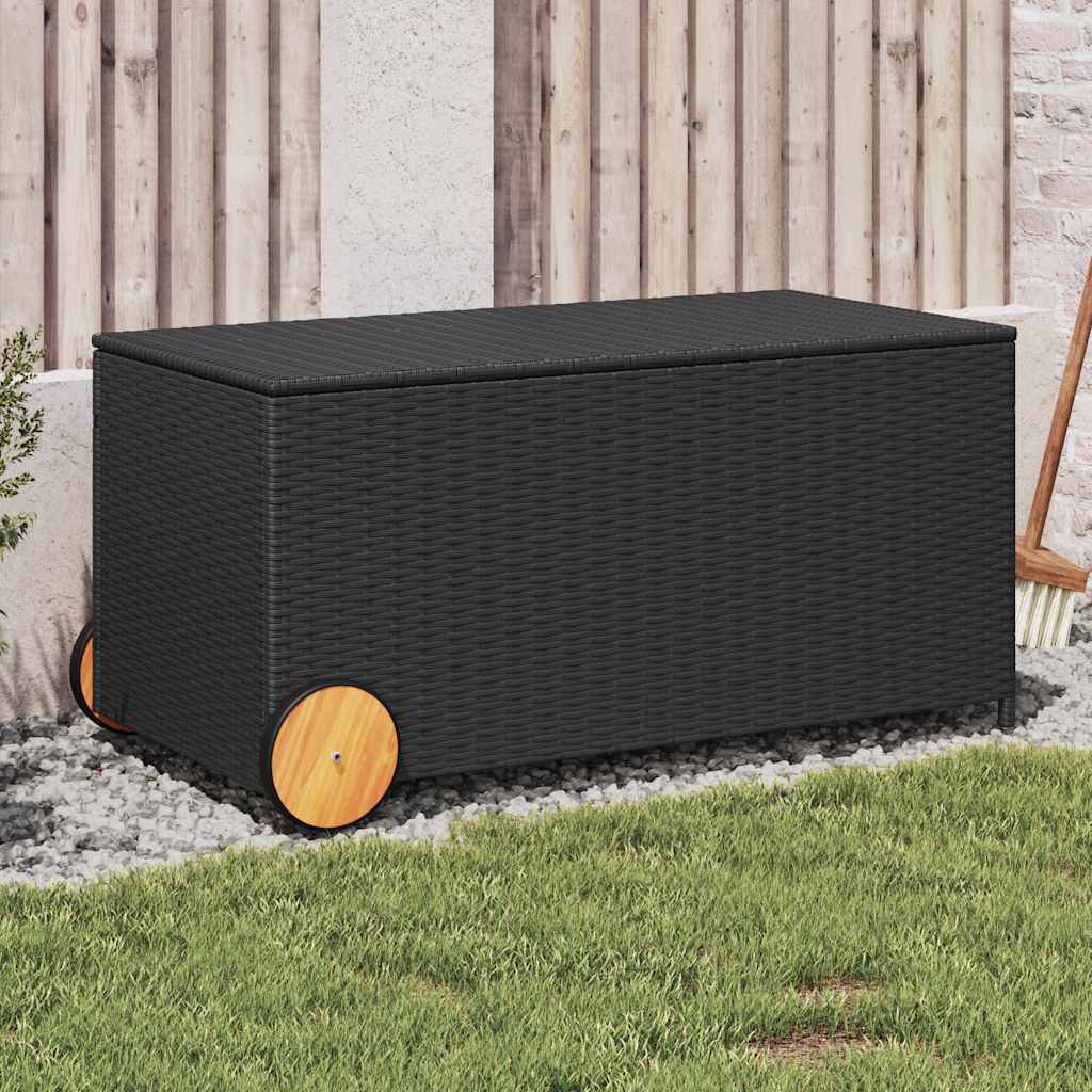 190L Poly Rattan Garden Storage Box on Wheels - Black