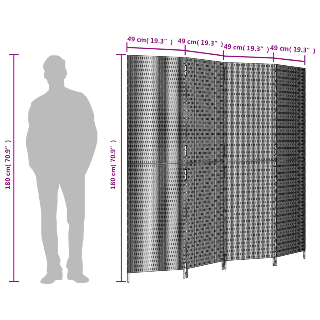 4-Panel Brown Poly Rattan Room Divider - Stylish & Versatile Decor