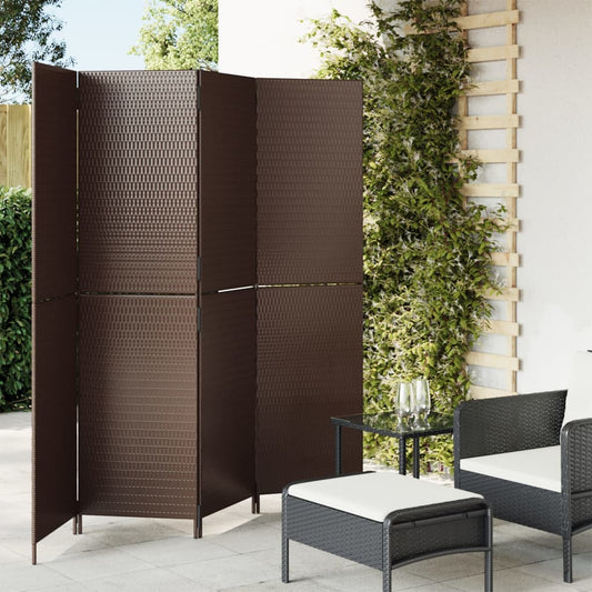 4-Panel Brown Poly Rattan Room Divider - Stylish & Versatile Decor