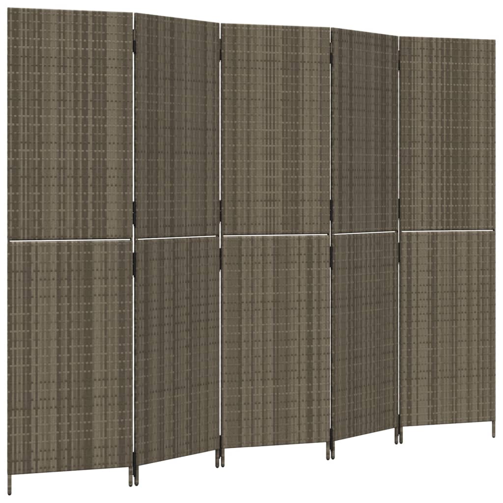 Grey Poly Rattan 5-Panel Room Divider - Stylish & Functional Decor